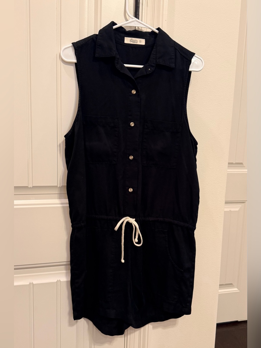 glam Black Sleeveless Button Front Romper with Drawstring